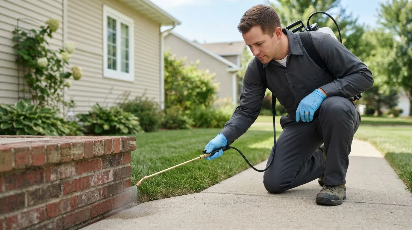 Pest control technician treating a home near Hines, MN